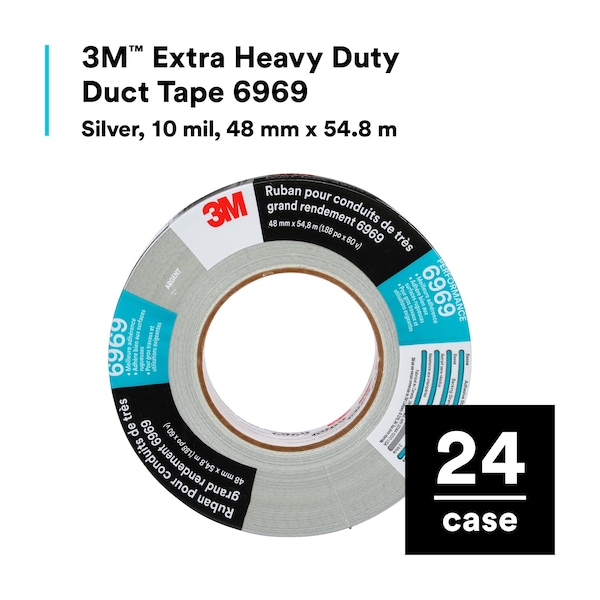 3M Duct Tape, 2 In x 60 yd, 10.5 mil, Silver - 6969