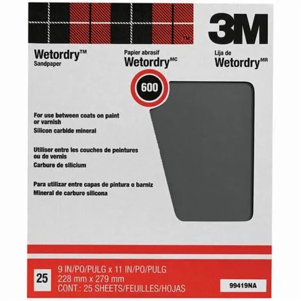 3M 9" x 11" Wetordry Sanding Sheet Pro-Pak, 600-Grit, PK 25 - 99419