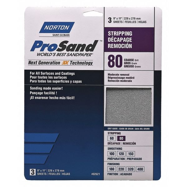 Norton Abrasives Sandpaper Sheet, Med., 80 Grit, PK3 - 07660768163