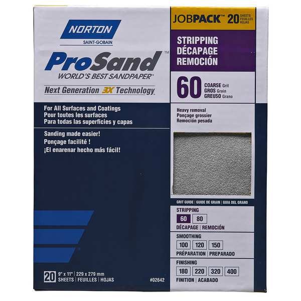 Norton Abrasives Sandpaper Sheet, Med, 60 Grit, PK20 - 07660768175