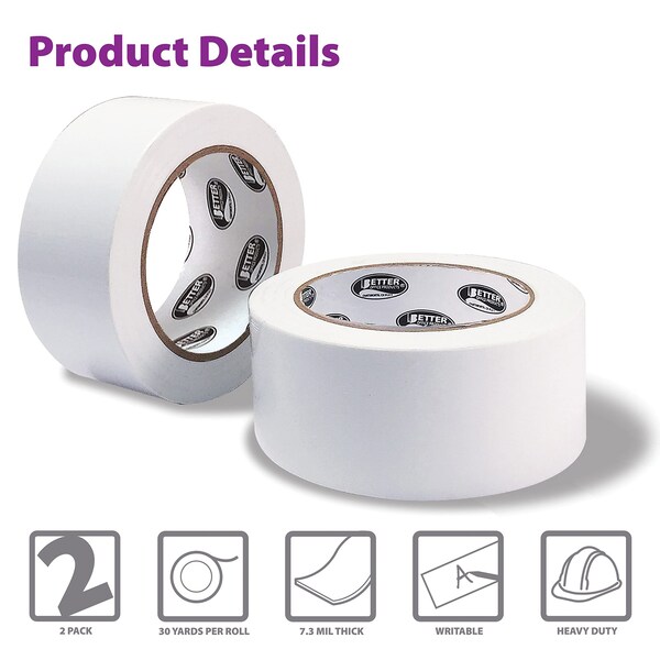 Better Office Products Duct Tape, Heavy Duty, 7.3mil, 1.88 Inch x 30 Yards Per Roll, Easy Tear, White, 2PK - 40209