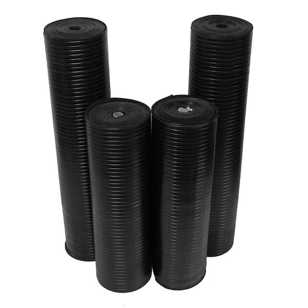 Rubber-Cal "Wide-Rib" Corrugated Rubber Floor Mat - 1/8 in x 3 ft x 20 ft - Black Rubber Roll - 03-167-WR-P