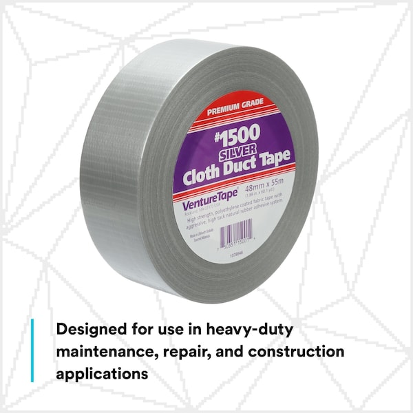 3M VentureTape No 1500 General Purpose Cloth Duct Tape, 2 IN x 60 Yards, Silver - 7100043836