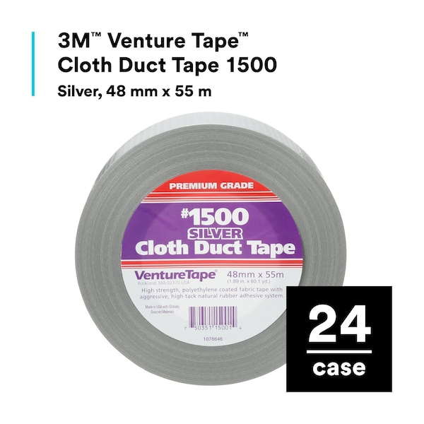 3M VentureTape No 1500 General Purpose Cloth Duct Tape, 2 IN x 60 Yards, Silver - 7100043836