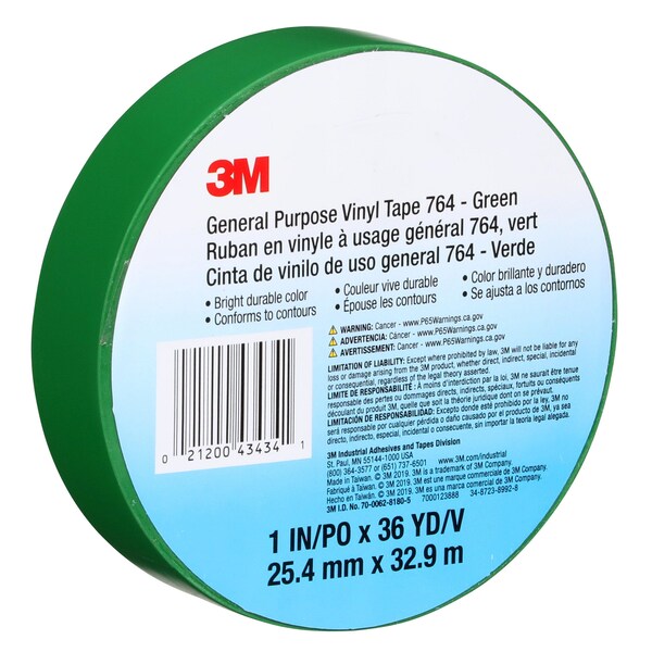 3M Vinyl Tape, 5.0 Mil, 1"x36 yds, Green, PK36 - T965764G