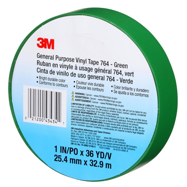 3M Vinyl Tape, 5.0 Mil, 1"x36 yds, Green, PK36 - T965764G