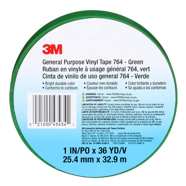 3M Vinyl Tape, 5.0 Mil, 1"x36 yds, Green, PK36 - T965764G