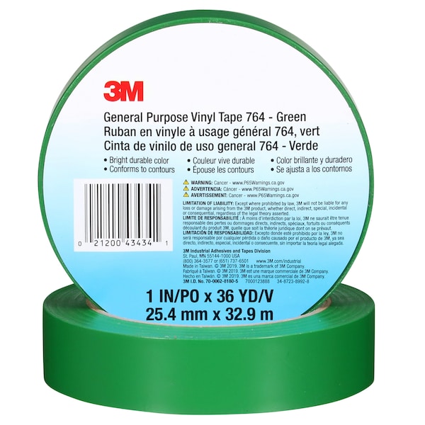 3M Vinyl Tape, 5.0 Mil, 1"x36 yds, Green, PK36 - T965764G