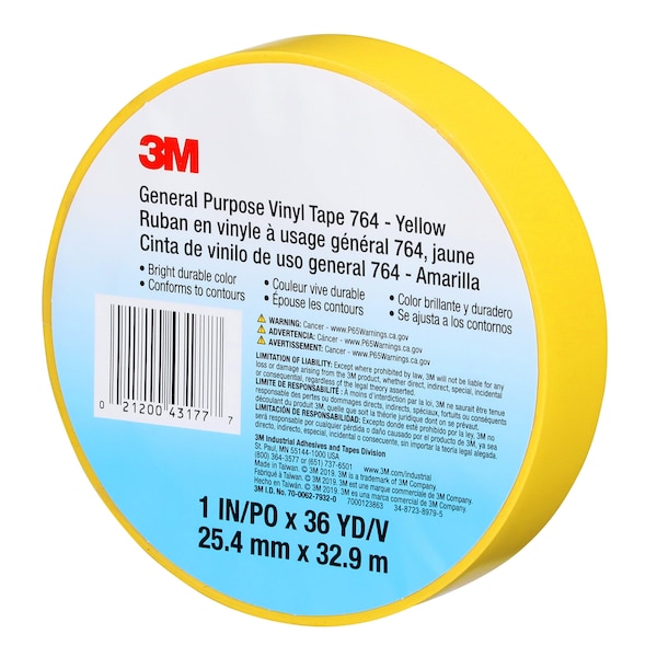 3M 3M 764 Vinyl Tape, 5.0 Mil, 1" x 36 yds, Yellow, 36/Case - T965764Y
