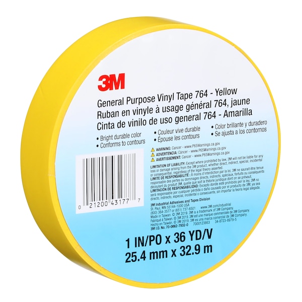 3M 3M 764 Vinyl Tape, 5.0 Mil, 1" x 36 yds, Yellow, 36/Case - T965764Y