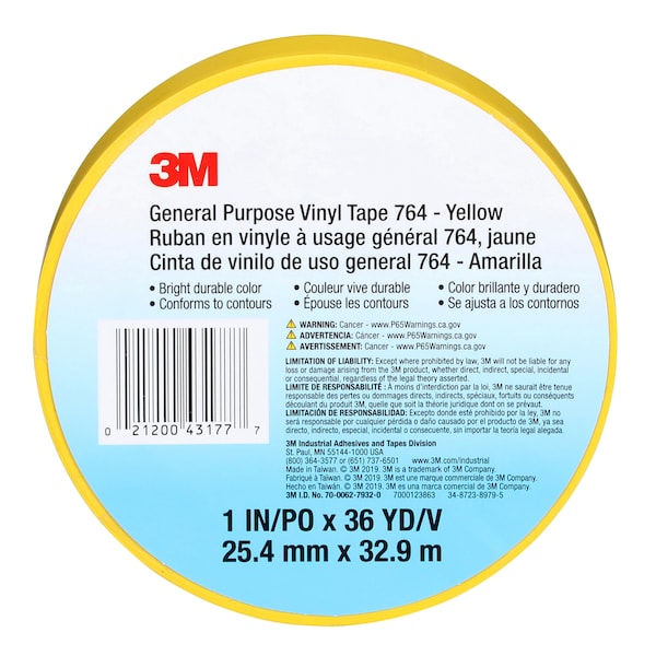 3M 3M 764 Vinyl Tape, 5.0 Mil, 1" x 36 yds, Yellow, 36/Case - T965764Y