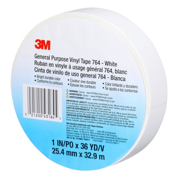 3M Vinyl Tape, 5.0 Mil, 1"x36 yds, White, PK36 - T965764W