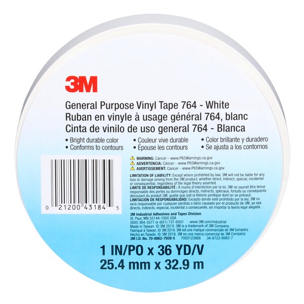 3M Vinyl Tape, 5.0 Mil, 1"x36 yds, White, PK36 - T965764W