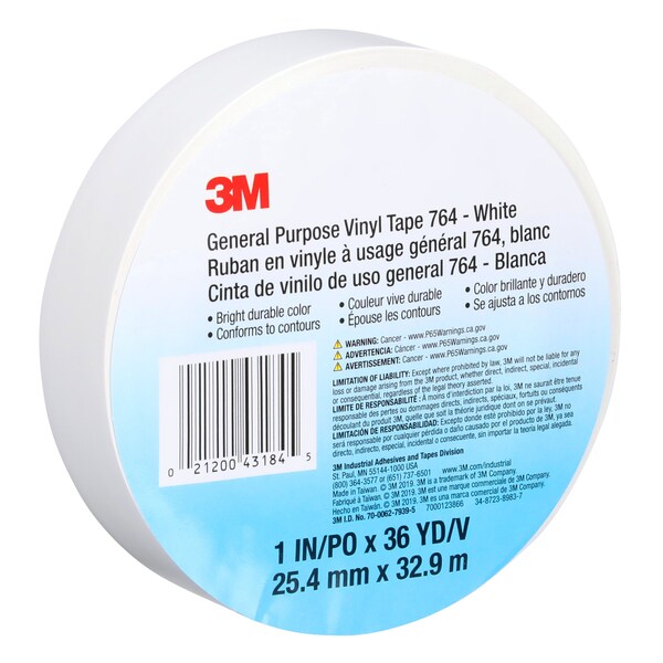 3M Vinyl Tape, 5.0 Mil, 1"x36 yds, White, PK36 - T965764W