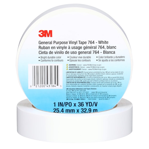 3M Vinyl Tape, 5.0 Mil, 1"x36 yds, White, PK36 - T965764W