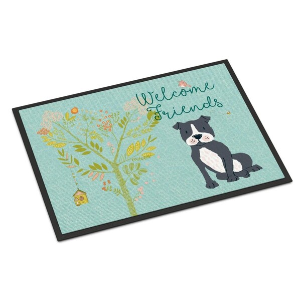 Carolines Treasures Welcome Friends Black Staffie Indoor or Outdoor Mat, 18 x 27 in. - BB7623MAT