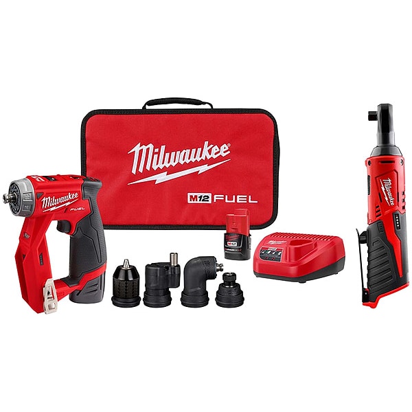 Milwaukee Tool Installation Driver Kit and Ratchet, 12 V, Includes Batteries (2.0Ah) & Charger - 2505-22, 2457-20