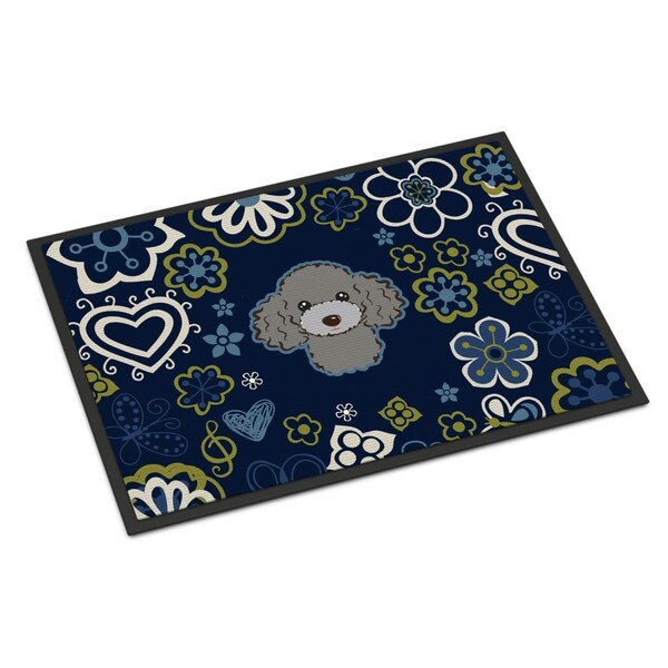 Carolines Treasures 24 x 36 in. Blue Flowers Silver & Gray Poodle Indoor or Outdoor Mat - BB5110JMAT