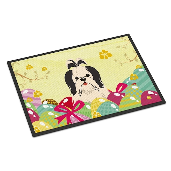 Carolines Treasures 24 x 36 in. Easter Eggs Shih Tzu Black White Indoor or Outdoor Mat - BB6088JMAT