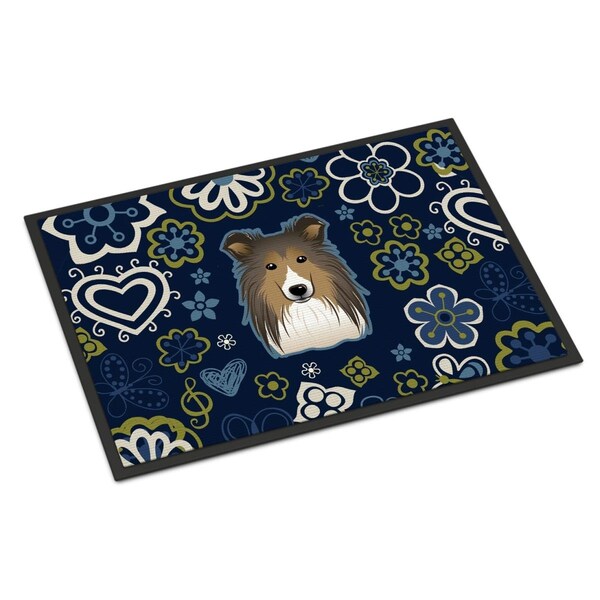 Carolines Treasures 24 x 36 in. Blue Flowers Sheltie Indoor or Outdoor Mat - BB5093JMAT