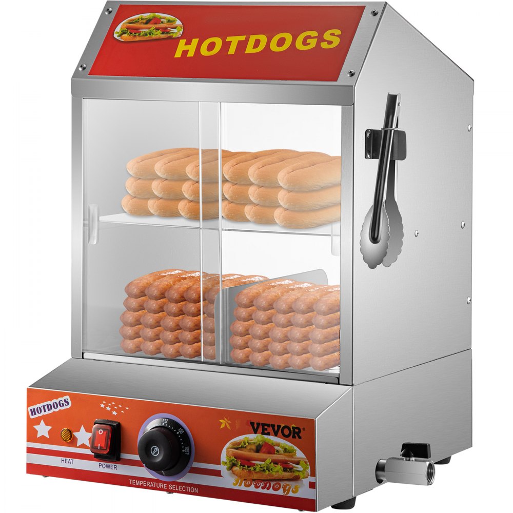 VEVOR Hot Dog Steamer, 27L/24.52Qt, 2-Tier Hut Steamer for 175 Hot Dogs & 40 Buns, Electric Bun Warmer Cooker with Tempered Glass Slide Doors Partition Plate Food Clip PTFE Tape, Stainless Steel - SPBWRGRGG-001YXNFV1