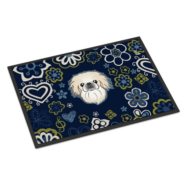 Carolines Treasures 18 x 27 in. Blue Flowers Pekingese Indoor or Outdoor Mat - BB5072MAT