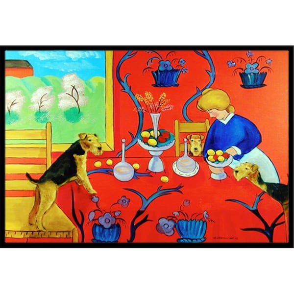 Beyondbasketball Airedale Terrier with lady in the kitchen Indoor Or Outdoor Mat - 18 x 27 in. - BE2549377
