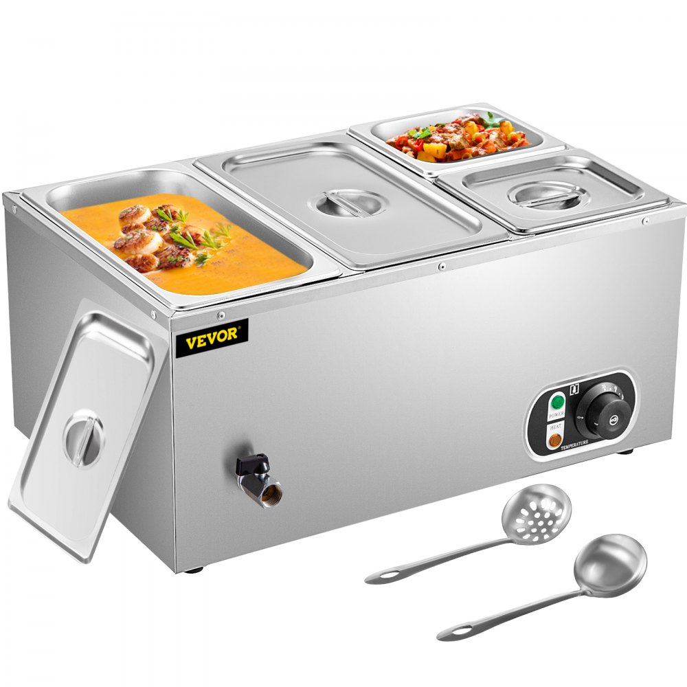 VEVOR 110V Commercial Food Warmer 2x1/3GN and 2x1/6GN, 4-Pan Stainless Steel Bain Marie 14.8 Qt Capacity, 1500W Steam Table 15cm/6inch Deep,Temp. Control 86-185, Electric Soup Warmer w/Lids & 2 Ladles - PT4BM-42B110VLRI8V1