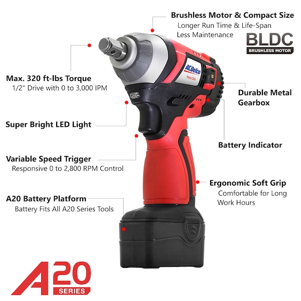 Acdelco A20 20V Li-ion BRUSHLESS 1/2" Impact Wrench (1 Battery) - ARI20156-M