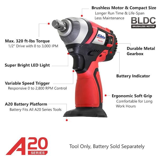 Acdelco A20 20V BRUSHLESS 1/2" Impact Wrench 320 ft-lbs, Tool Only - ARI20156T