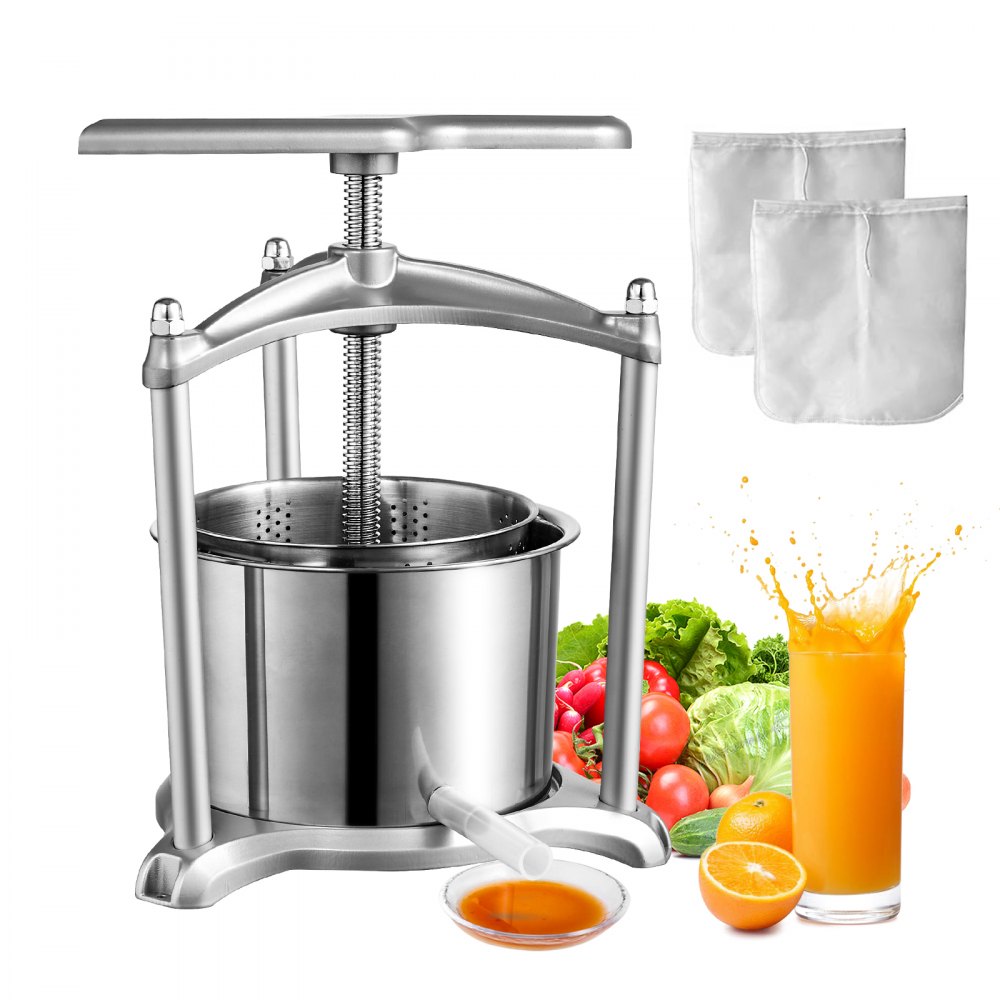 VEVOR Fruit Wine Press, 1.6 Gallon/6L, 2 Stainless Steel Barrels, Manual Juice Maker, Cider Apple Grape Tincture Vegetables Honey Olive Oil Making Press with T-Handle, Triangular Structure for Kitchen - TSGJYZJBXG6L26ASIV0