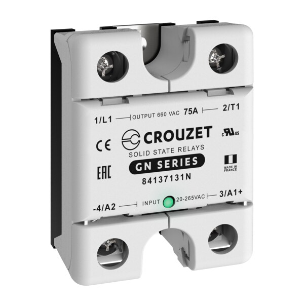 Relé de estado sólido de Crouzet, 1 fase, montaje en panel, 75A, entrada 20-265 VCA, salida 660 VCA, cruce por cero - 84137131N