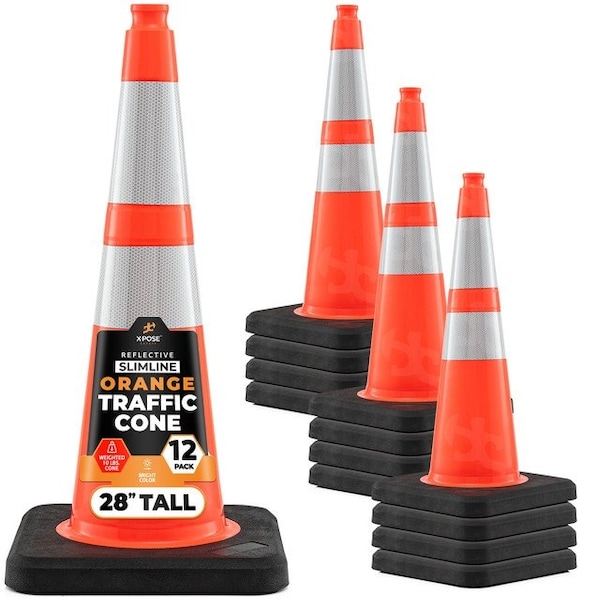 Xpose Safety 28 In Orange Slim Line Traffic Cones with 6 & 4 Collars, 12-PK - OTC28SL-64-10L-12-X