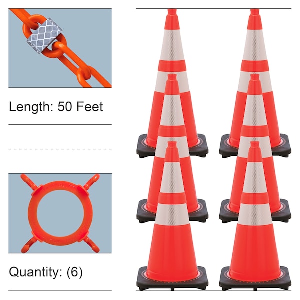 Mr. Chain 28" Traffic Orange Reflective Traffic Cones and Reflective Chain Kit - 23280-6