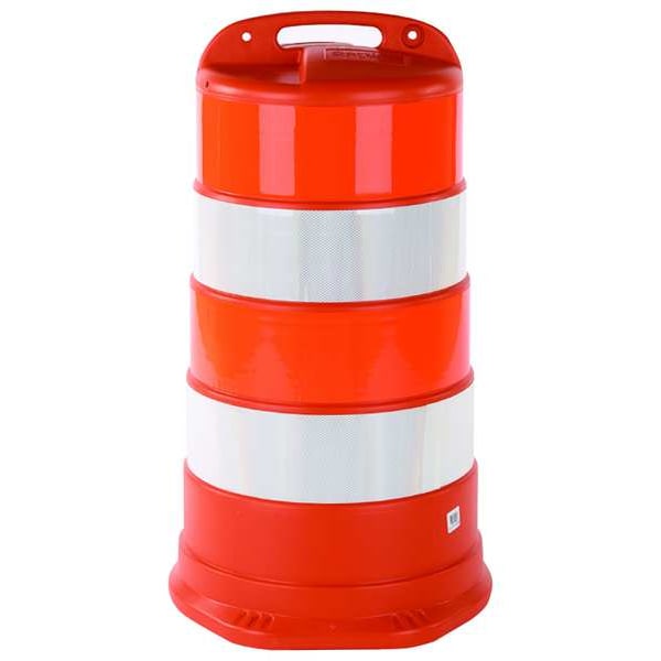 Zoro Select Traffic Barrel, HDPE, High-Intensity Prismatic, 41 1/2 in Height, 18 Length, 9 lb, White/Orange - 03-780-6HI
