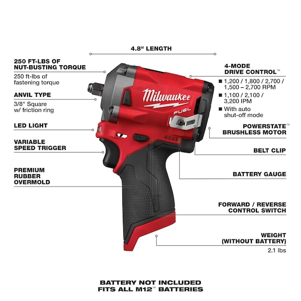 Milwaukee Tool Cordless Impact Wrench Kit, 20 V, Drive Size 1/2 in Square, Pistol Grip, Includes Battery (4.0 Ah) - 2554-20, 48-11-2420