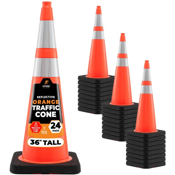 Xpose Safety Traffic Safety Cone, PVC, 36 in Height, 15 in Length, Orange - OTC36-64-12L-24-X