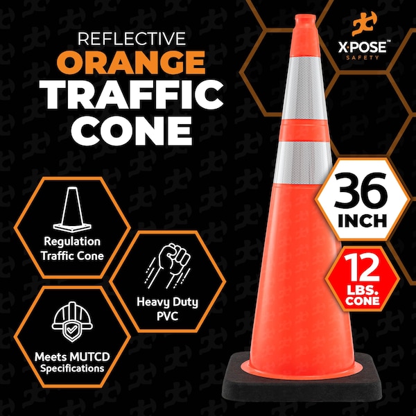 Xpose Safety Traffic Safety Cone, PVC, 36 in Height, 15 in Length, Orange - OTC36-64-12L-24-X
