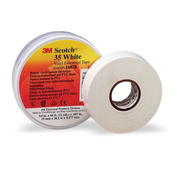 3M Vinyl Electrical Tape, 35, Scotch, 3/4 in W x 66 ft L, 7 mil thick, White, 1 Pack - 10828