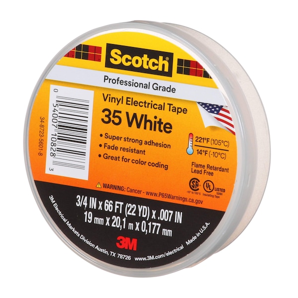 3M Vinyl Electrical Tape, 35, Scotch, 3/4 in W x 66 ft L, 7 mil thick, White, 1 Pack - 10828