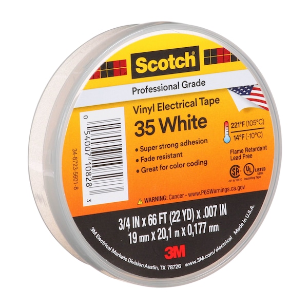 3M Vinyl Electrical Tape, 35, Scotch, 3/4 in W x 66 ft L, 7 mil thick, White, 1 Pack - 10828