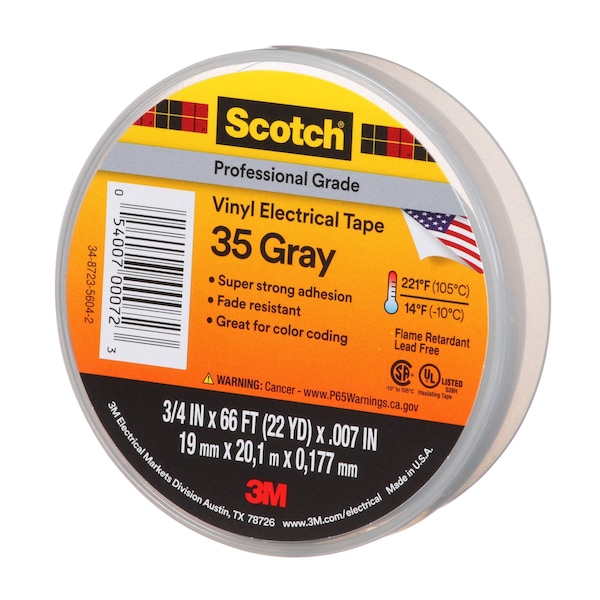 3M Vinyl Electrical Tape, 35, Scotch, 3/4 in W x 66 ft L , 7 mil thick, Gray, 1 Pack - 35-GRAY-3/4