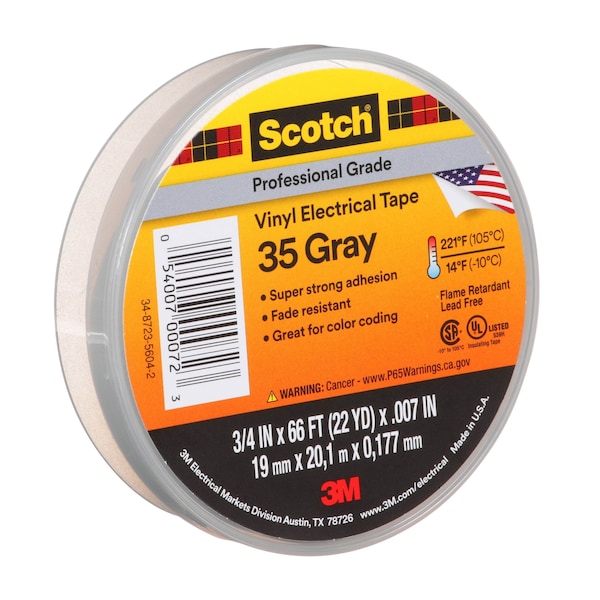 3M Vinyl Electrical Tape, 35, Scotch, 3/4 in W x 66 ft L , 7 mil thick, Gray, 1 Pack - 35-GRAY-3/4