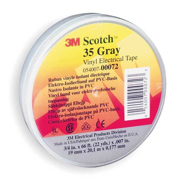 3M Vinyl Electrical Tape, 35, Scotch, 3/4 in W x 66 ft L , 7 mil thick, Gray, 1 Pack - 35-GRAY-3/4