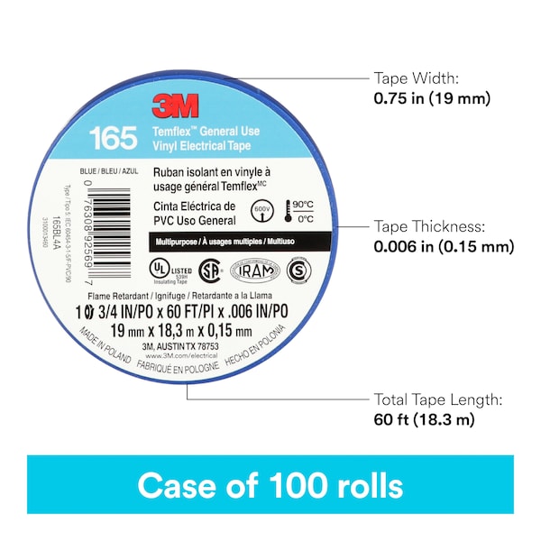 3M Vinyl Electrical Tape, 165, Temflex, 3/4 in W x 60 ft L, 6 mil thick, Blue, 1 Pack - 165BL4A