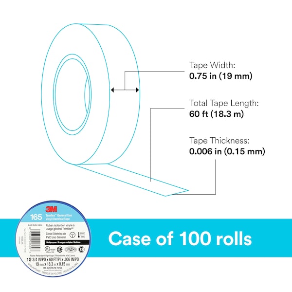3M Vinyl Electrical Tape, 165, Temflex, 3/4 in W x 60 ft L, 6 mil thick, Blue, 1 Pack - 165BL4A