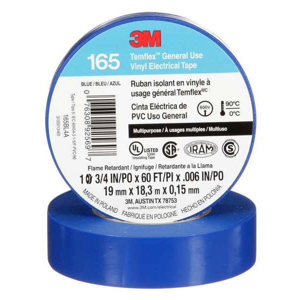 3M Vinyl Electrical Tape, 165, Temflex, 3/4 in W x 60 ft L, 6 mil thick, Blue, 1 Pack - 165BL4A