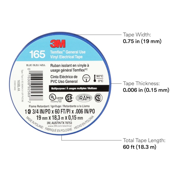 3M Vinyl Electrical Tape, 165, Temflex, 3/4 in W x 60 ft L, 6 mil thick, Blue, 1 Pack - 165BL4A