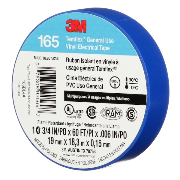 3M Vinyl Electrical Tape, 165, Temflex, 3/4 in W x 60 ft L, 6 mil thick, Blue, 1 Pack - 165BL4A