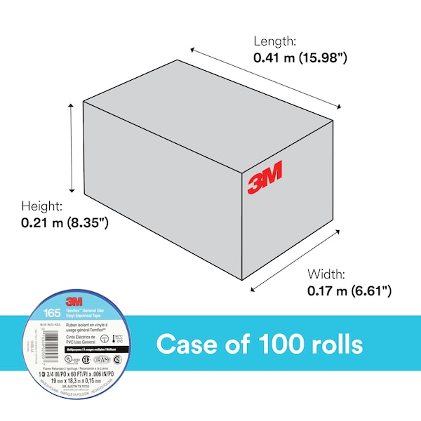 3M Vinyl Electrical Tape, 165, Temflex, 3/4 in W x 60 ft L, 6 mil thick, Blue, 1 Pack - 165BL4A